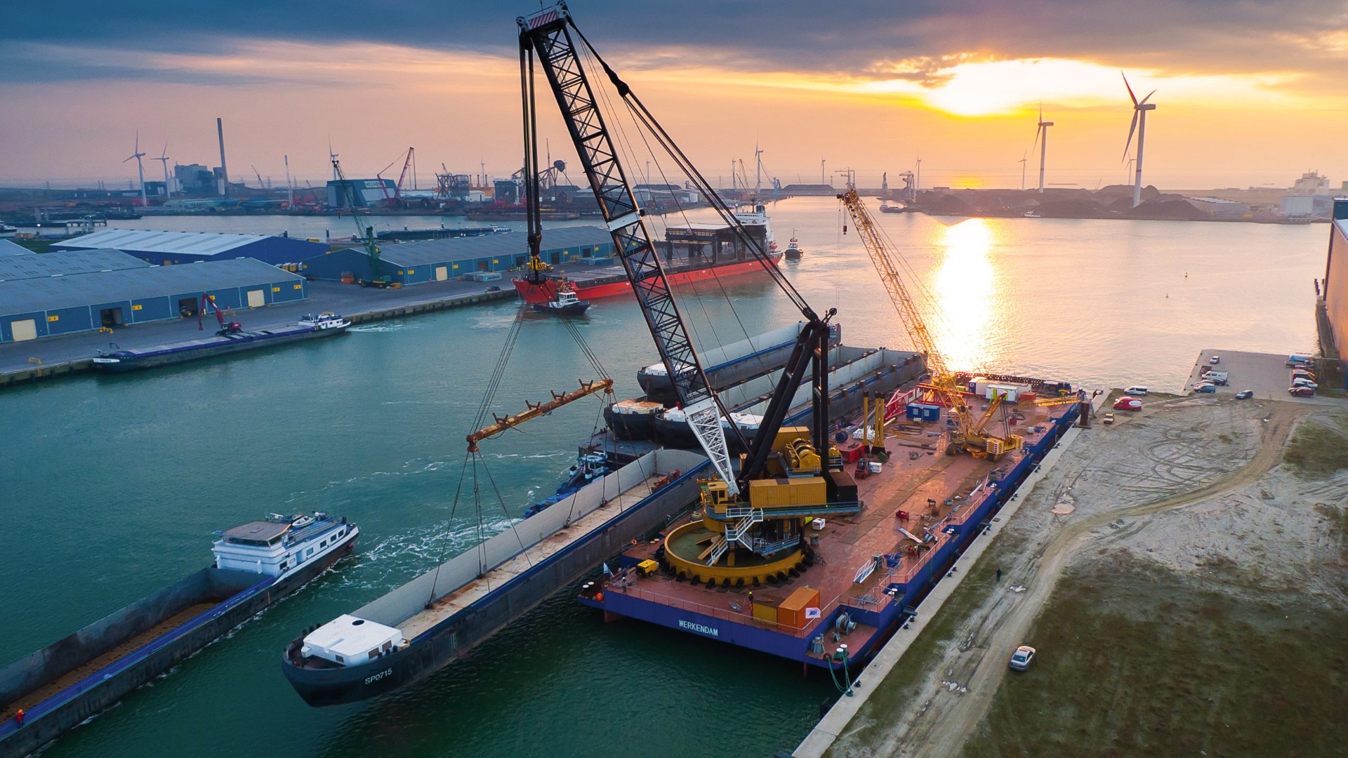 Dutch Maritime Service offshore crane vessel at sunset